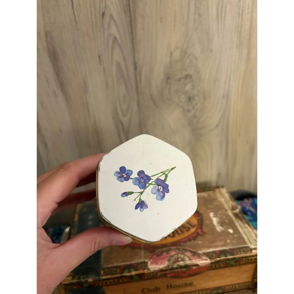 Vintage Hexagonal Wildflower Botanical Metal Tin White Gold Cottagecore Decor